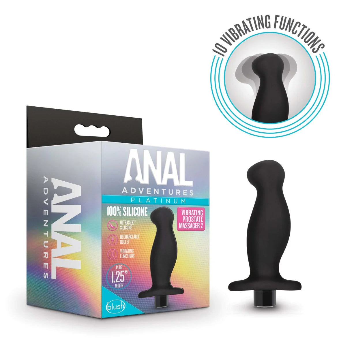 Anal Adventures Platinum By Blush® | Prostate Massager 02 Curved Black 4.25-Inch Vibrating Rechargeable Anal Plug